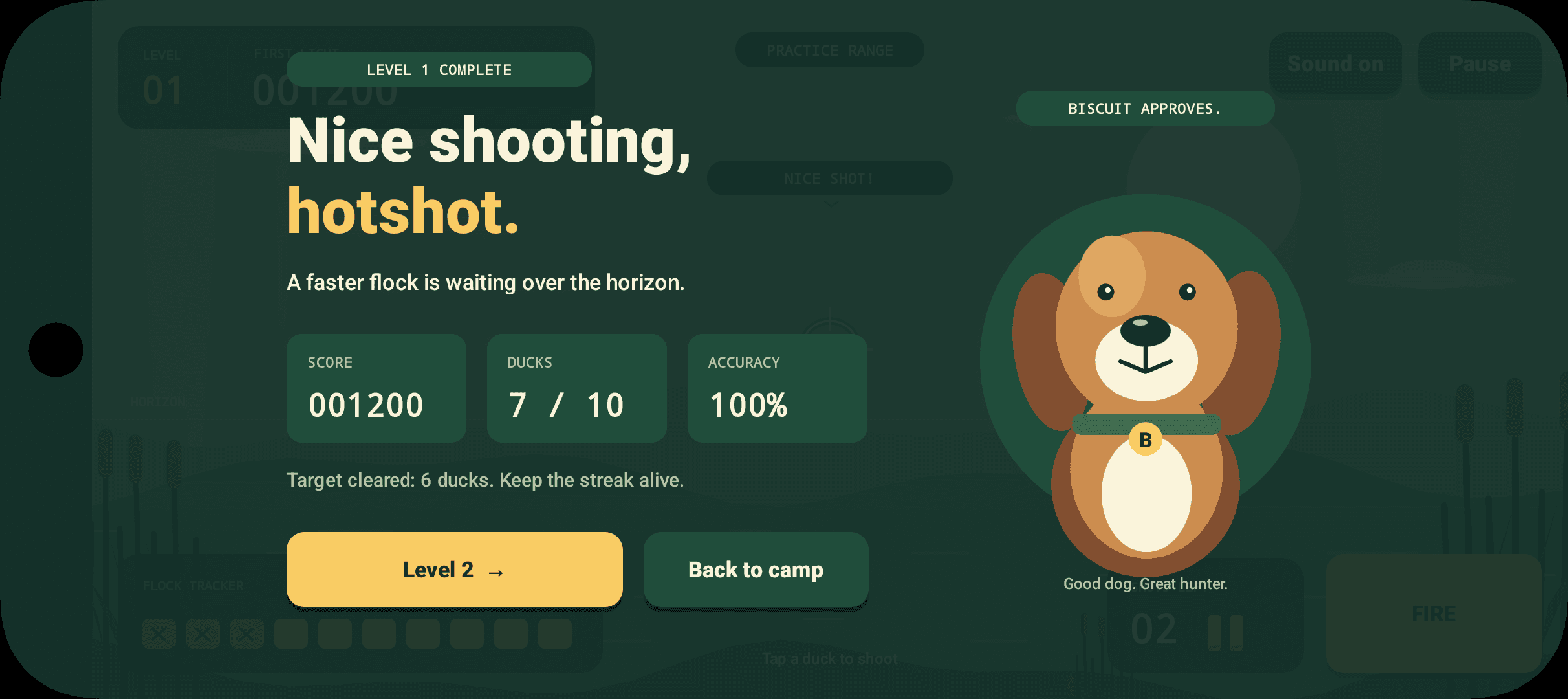 The game’s level-complete screen, with the message Nice shooting, hotshot and Biscuit the dog celebrating.