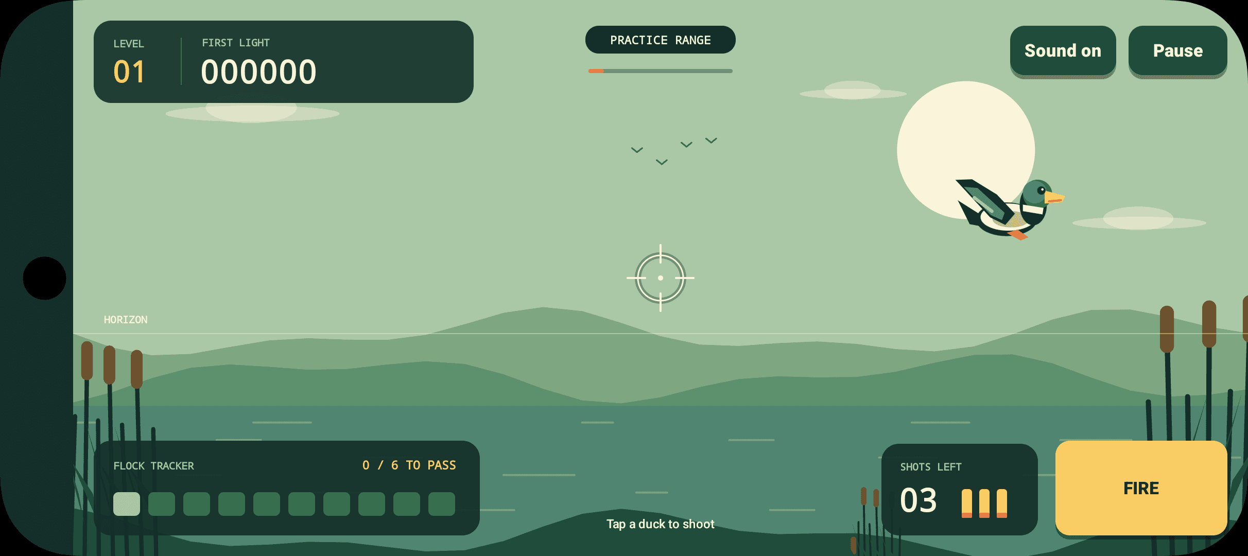 A mobile duck game in landscape, with a flying mallard over a green lake and touch controls.