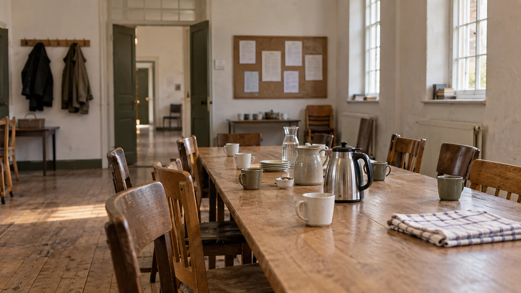 A long table with cups, a coffee pot, and mismatched chairs, prepared for a small gathering in a modest community hall.