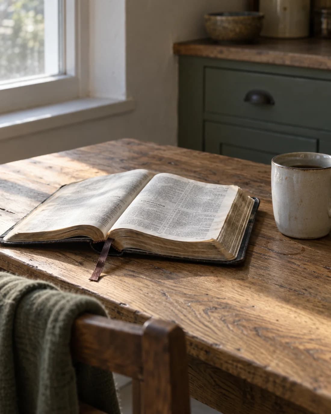 An open, well-used Bible and a ceramic mug on an oak table beside a window.