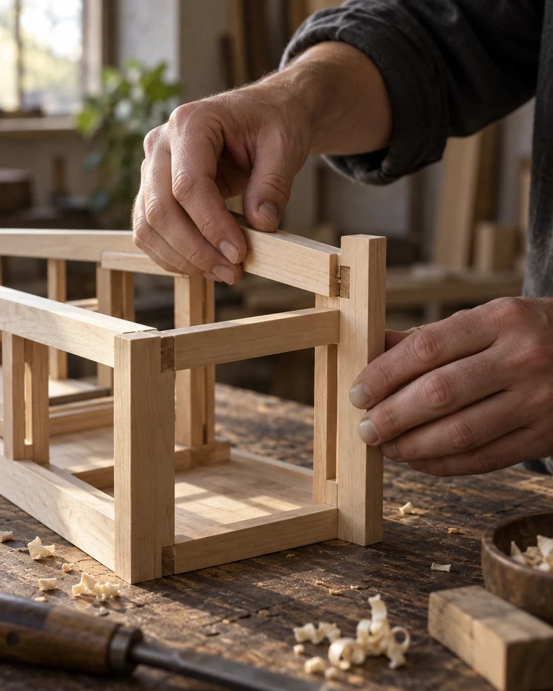 A model maker's hands carefully fit a pale timber beam into a small architectural frame.