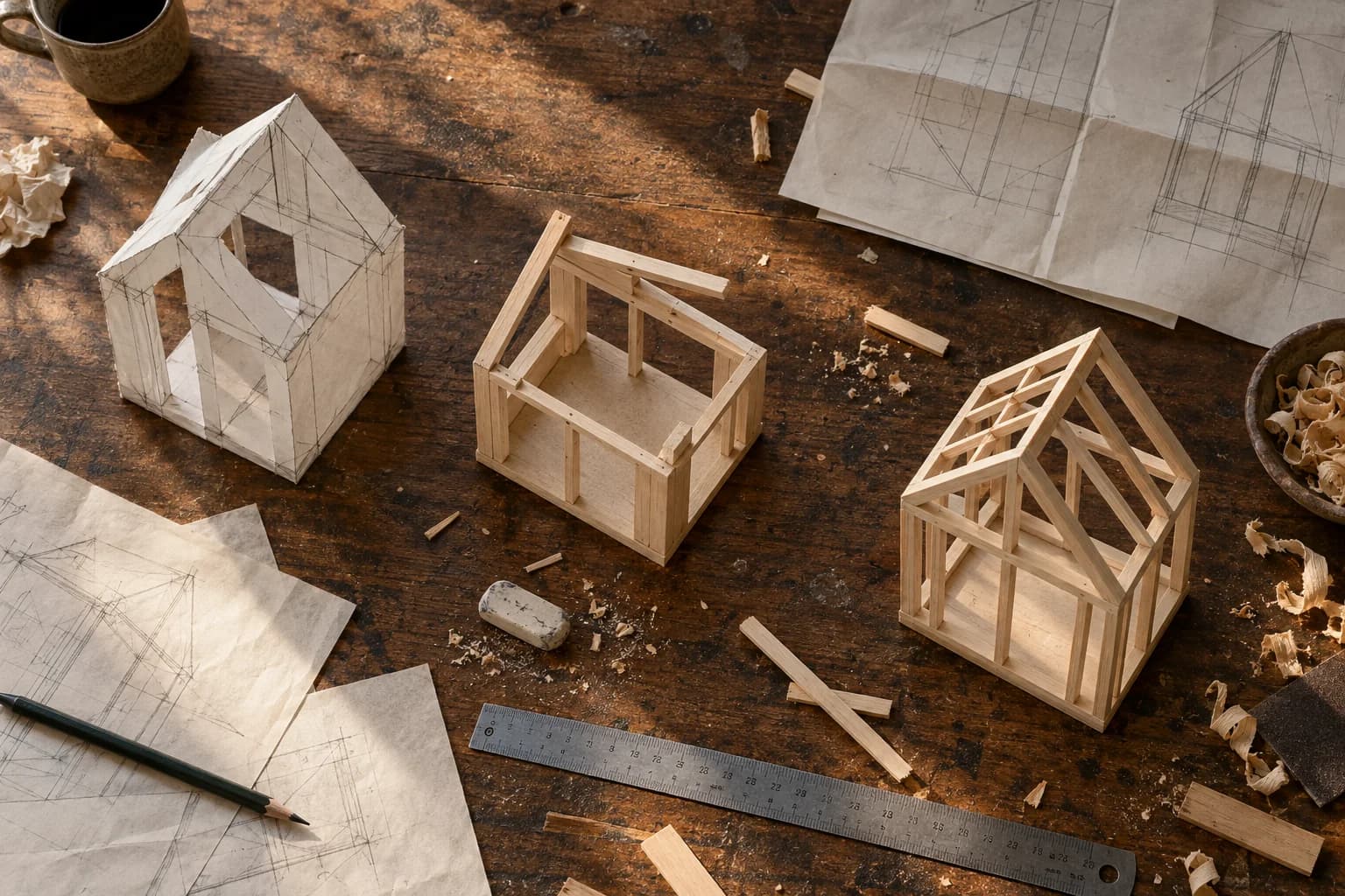 Three architectural studies on a workbench: a paper sketch, an open timber frame, and a more complete model.