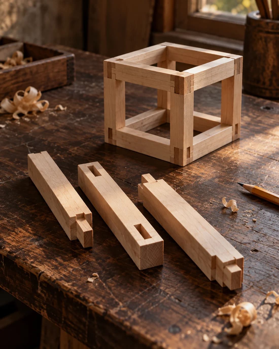 Precisely cut timber joints beside an assembled wooden frame on a workshop table.