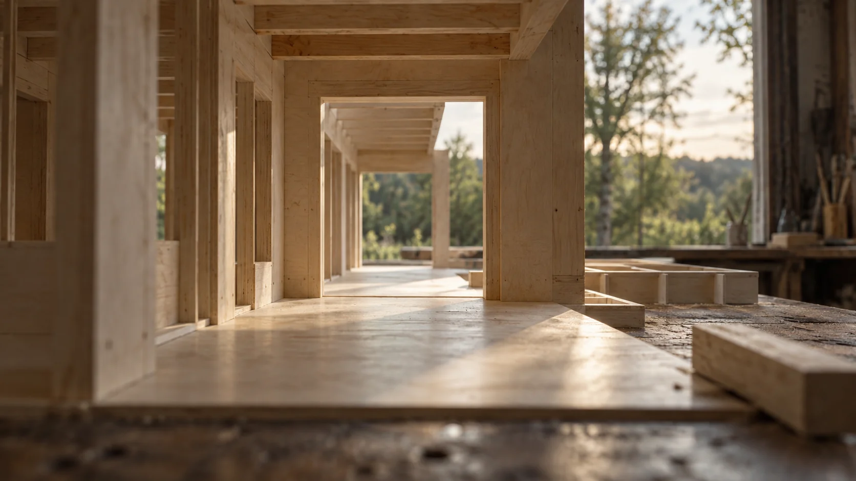 Looking through the open doorway of a timber model toward a bright window, with room on the workbench for another addition.