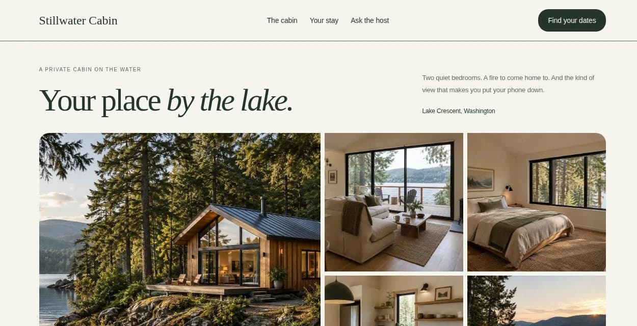 Stillwater Cabin, DRD's sample rental, with photographs of a lakeside cabin, living room, and bedroom.