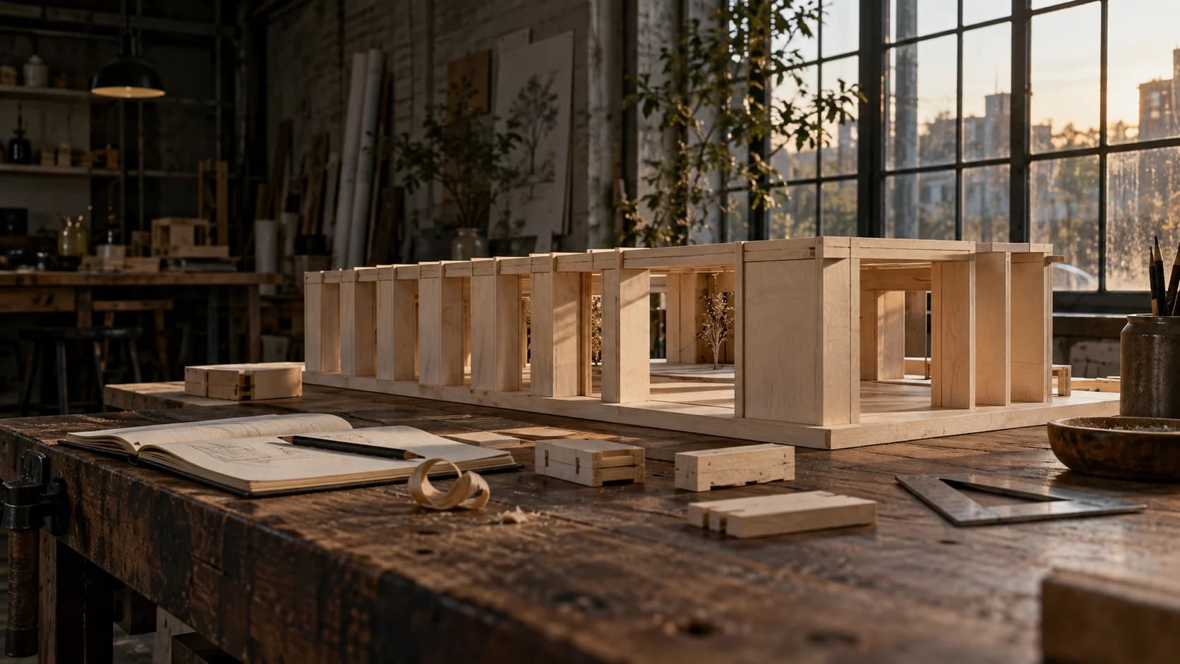 A timber architectural model on a worn workbench, with spare components ready for the next addition.