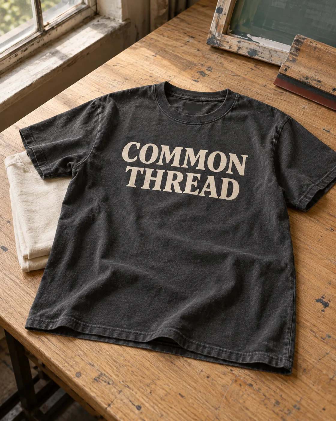 Charcoal cotton tee with a cream Common Thread print on a sunlit print-shop worktable